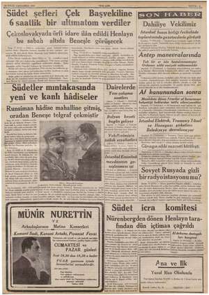  “Südet şefleri 6 saatlik bir yag, 13 (ÖR) — Hitlerin nutkünd bk Südet Almanları üzerinde is b a defa sonra toplanan kabine