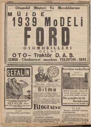  -SAHİFE 10 — Otomobil Müşteri Ve MÜJDE 1939 OTOMOBİLLERİ OTO- Traktör D.A. Ş. IZMIR - Cümhuriyet meydanı TELEFON - 3892...