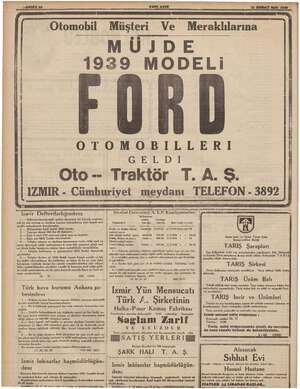    - YAHİFE 10. YENİ ASIR Oto -- MÜJDE Il GELD Traktör Li Otomobil Müşteri Ve Meraklılarına 1939 MODELİ r0Rİ OTOMOBİLLERİ I EL