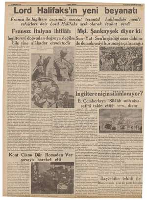  SAHIFE 10 YENİ ASIR 24 Subat CUMA 1939 —— — Lord Halifaks'ın yeni beyanatı Fi ile Ingiltere arasında mevcut tesanüd...