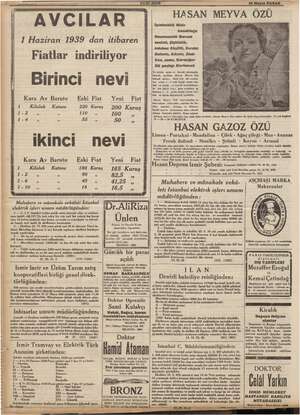  k i Birinci Kara Av Barutu AVCILAR 1 Haziran 1939 dan itibaren Fiatlar indiriliyor nevi Eski Fiat Yeni Fiat ikinci n 1....