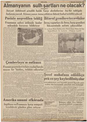  ği Miili SAHIFE & YENİ ASIR : 5 Hikteşrin Perşembe 1939 , Almanyanın sulh sartları ne olacak? Sovyet hükümeti şimdiki halde