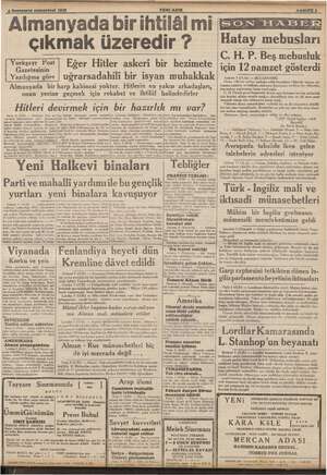      Sontesrin. Almanyada bir ihtilâl mi çıkmak üzeredir ? cumartesi 1939. YENİ ASIR Yorkşayr Post Gazetesinin Yazdığına e...