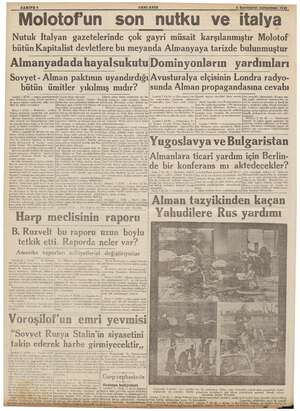  SAMHİFE & YENI ASIR 8 Sonteşrın carsamma 1939 Molotof'un son nutku ve italya Nutuk Italyan gazetelerinde çok gayri müsait...