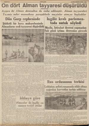    SAHIFE £ YENİ ASIR —— — 24 SON TEŞRIN CUMA 1939, On dört Alman tayyaresi düşürüldü A yrıca iki Alman denizaltısı da imha