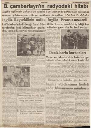    SAHİFE B. çemberlayn'ın 28 SON TEŞRIN SALI 1939. radyodaki hitabı İngiliz milletinin sükünet ve azmini ayni zamanda zafere