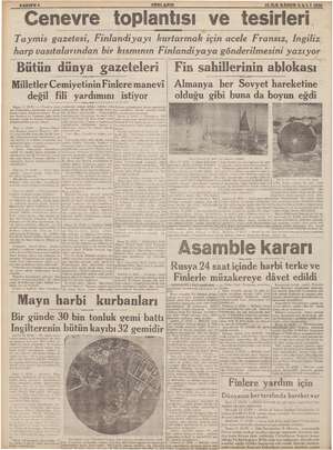     “Cenevre toplantısı ve tesirleri Taymis gazetesi, Finlandiyayı kurtarmak için acele Fransız, İngiliz harp vasıtalarından
