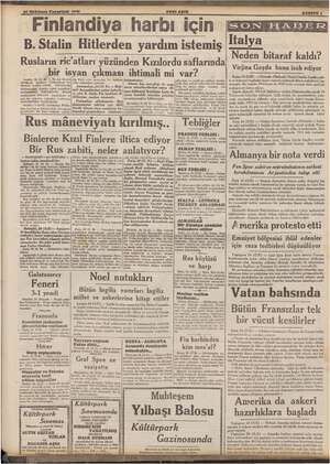    25 ikkânun Pazartesi 1979 Finlandiya harbı için YENI ASIR B. Stalin Hitlerden yardım istemiş Rusların ric'atları yüzünden