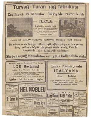  KEZEVE emme 1 Son kânun Pazartesi 1940... - ——— mim an. Turyağ - Turan yağ fabrikası Zeytinyağı ve sabunları Türkiyede rekor
