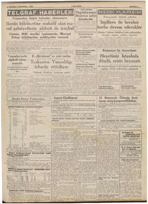  4 Temmuz Persembe 1940 YENL e TELGRAF KY Aİ Yugoslavyanın! Weskova sefiri Fransadan doğru haberler alınamıyor li . . “ ....