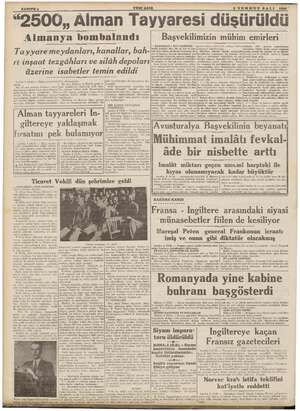    | SAMFE6 YEN ASIR | 9 TEMMUZ SAL SALI 1940" 3500, Alman Tayyaresi düşürüldü p i | ; Il i | | İ | Aimanya bombalandı...