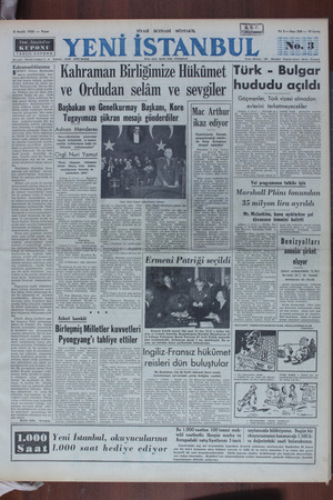  3 Aralık 1950 — Pazar TAHSİL KUPONU Beyoğlu - Müellif Caddesi 6 2&. Telefon: K47S6 - 4€TS7 Santral Kahramanlıklarımız İRİNCİ