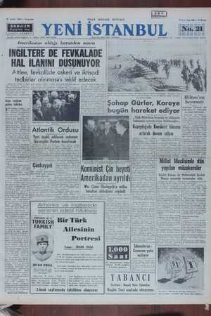 Yeni İstanbul Gazetesi 21 Aralık 1950 kapağı