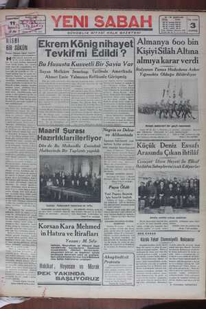 Yeni Sabah Gazetesi 11 Şubat 1939 kapağı
