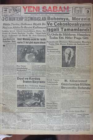 Yeni Sabah Gazetesi 16 Mart 1939 kapağı