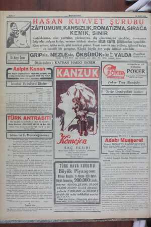    16 MART 1939 HASAN KUVVET ŞURUBU ZÂFIUMUMİ,KANSIZLIK,ROMATiZMA, SIRACA KEMiK, 'SiNiR hastalıklarına, cılız yavrular,...