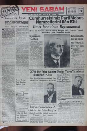 Yeni Sabah Gazetesi 25 Mart 1939 kapağı