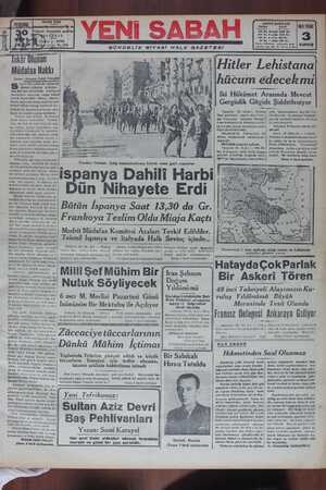 Yeni Sabah Gazetesi 30 Mart 1939 kapağı
