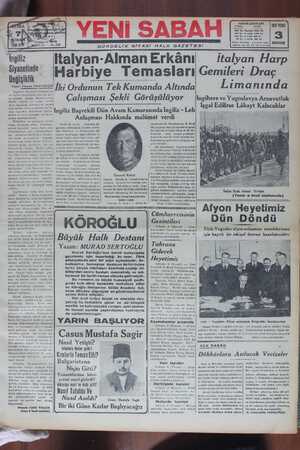 Yeni Sabah Gazetesi 7 Nisan 1939 kapağı