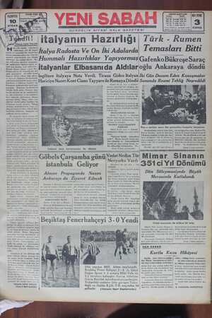 Yeni Sabah Gazetesi 10 Nisan 1939 kapağı