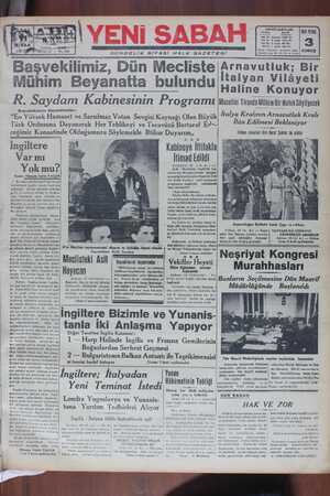 Yeni Sabah Gazetesi 11 Nisan 1939 kapağı