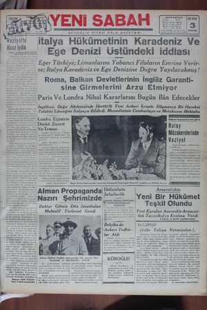Yeni Sabah Gazetesi 13 Nisan 1939 kapağı