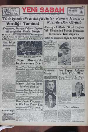 Yeni Sabah Gazetesi 20 Nisan 1939 kapağı