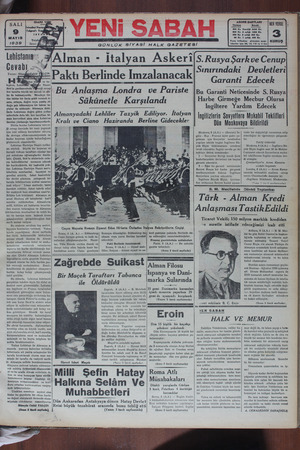 Yeni Sabah Gazetesi 9 Mayıs 1939 kapağı