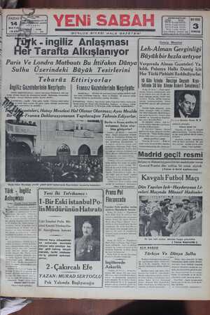 Yeni Sabah Gazetesi 14 Mayıs 1939 kapağı