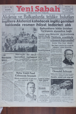 Yeni Sabah Gazetesi 1 Mayıs 1940 kapağı