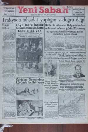 Yeni Sabah Gazetesi 6 Mayıs 1940 kapağı