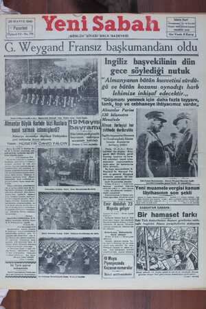 Yeni Sabah Gazetesi 20 Mayıs 1940 kapağı