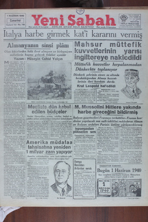 Yeni Sabah Gazetesi 1 Haziran 1940 kapağı