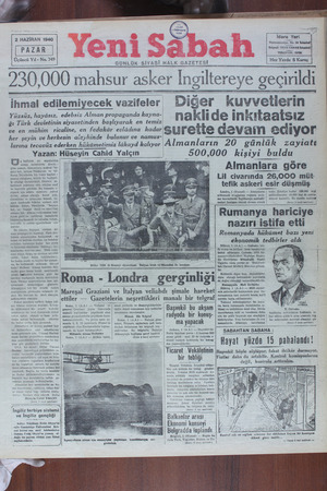 Yeni Sabah Gazetesi 2 Haziran 1940 kapağı