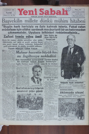 Yeni Sabah Gazetesi 3 Haziran 1940 kapağı