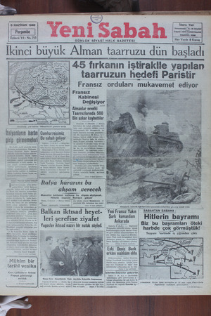 Yeni Sabah Gazetesi 6 Haziran 1940 kapağı