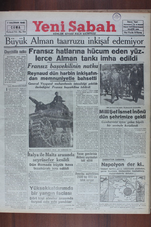 Yeni Sabah Gazetesi 7 Haziran 1940 kapağı