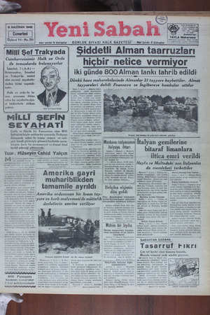 Yeni Sabah Gazetesi 8 Haziran 1940 kapağı