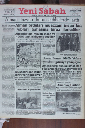 Yeni Sabah Gazetesi 9 Haziran 1940 kapağı