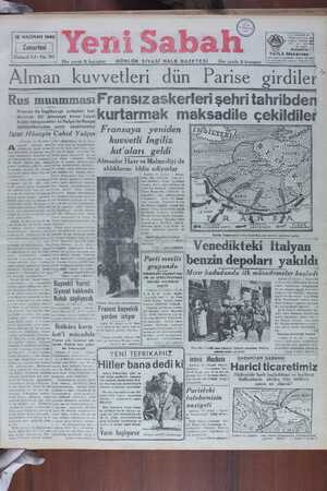 Yeni Sabah Gazetesi 15 Haziran 1940 kapağı