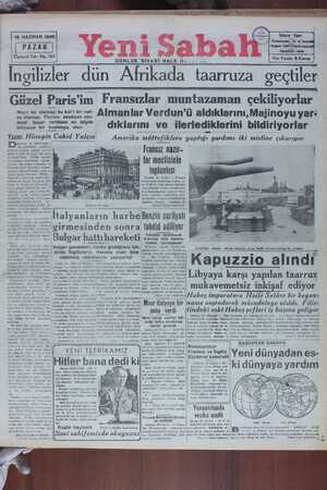 Yeni Sabah Gazetesi 16 Haziran 1940 kapağı