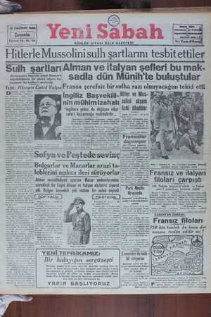 Yeni Sabah Gazetesi 19 Haziran 1940 kapağı
