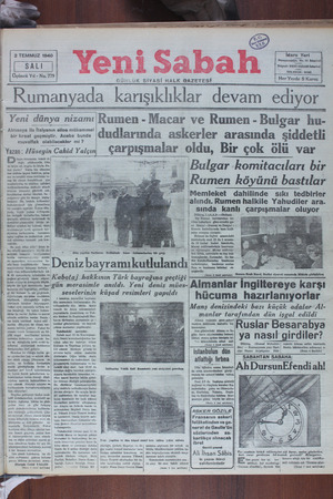 Yeni Sabah Gazetesi 2 Temmuz 1940 kapağı