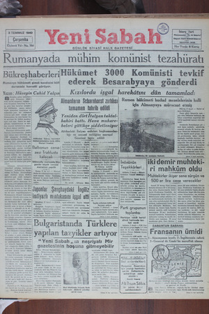 Yeni Sabah Gazetesi 3 Temmuz 1940 kapağı