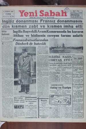 Yeni Sabah Gazetesi 5 Temmuz 1940 kapağı