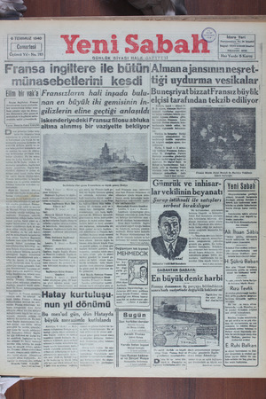 Yeni Sabah Gazetesi 6 Temmuz 1940 kapağı