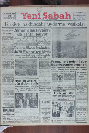 Yeni Sabah Gazetesi 7 Temmuz 1940 kapağı