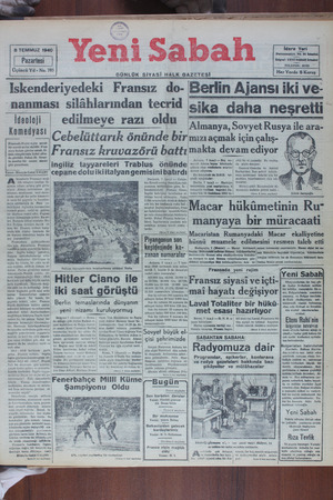 Yeni Sabah Gazetesi 8 Temmuz 1940 kapağı