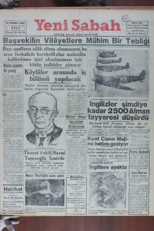 Yeni Sabah Gazetesi 9 Temmuz 1940 kapağı