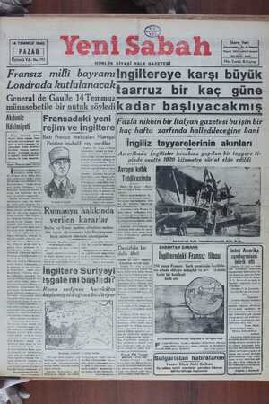 Yeni Sabah Gazetesi 14 Temmuz 1940 kapağı